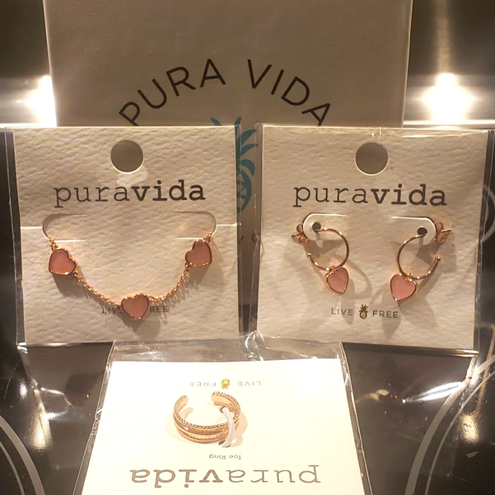 Pura Vida rose gold heart lot. Necklace, earrings, toe ring